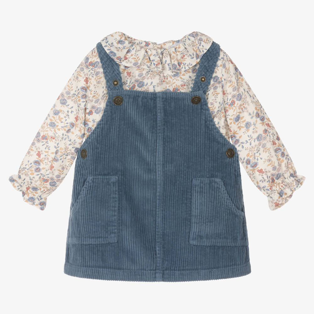 Laranjinha - Girls Blue Pinafore Dress Set | Childrensalon