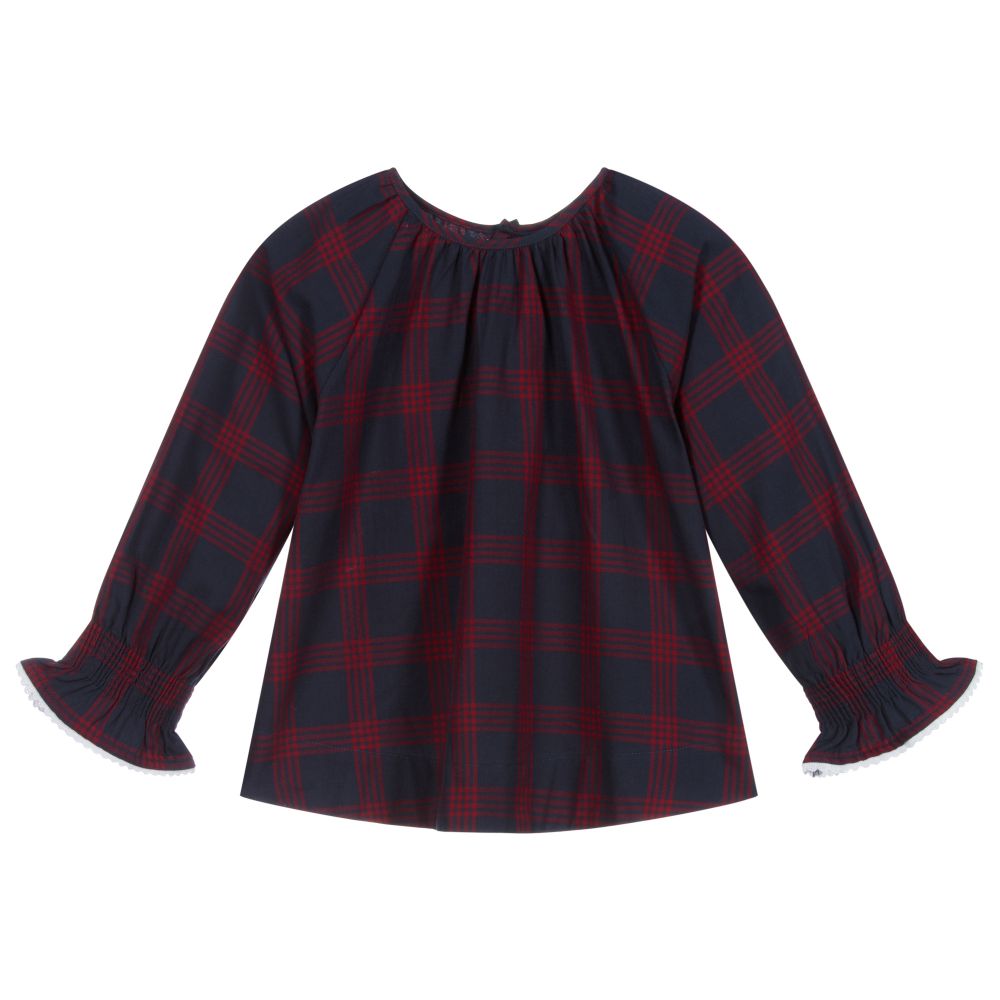 Laranjinha - Girls Blue & Red Check Blouse | Childrensalon