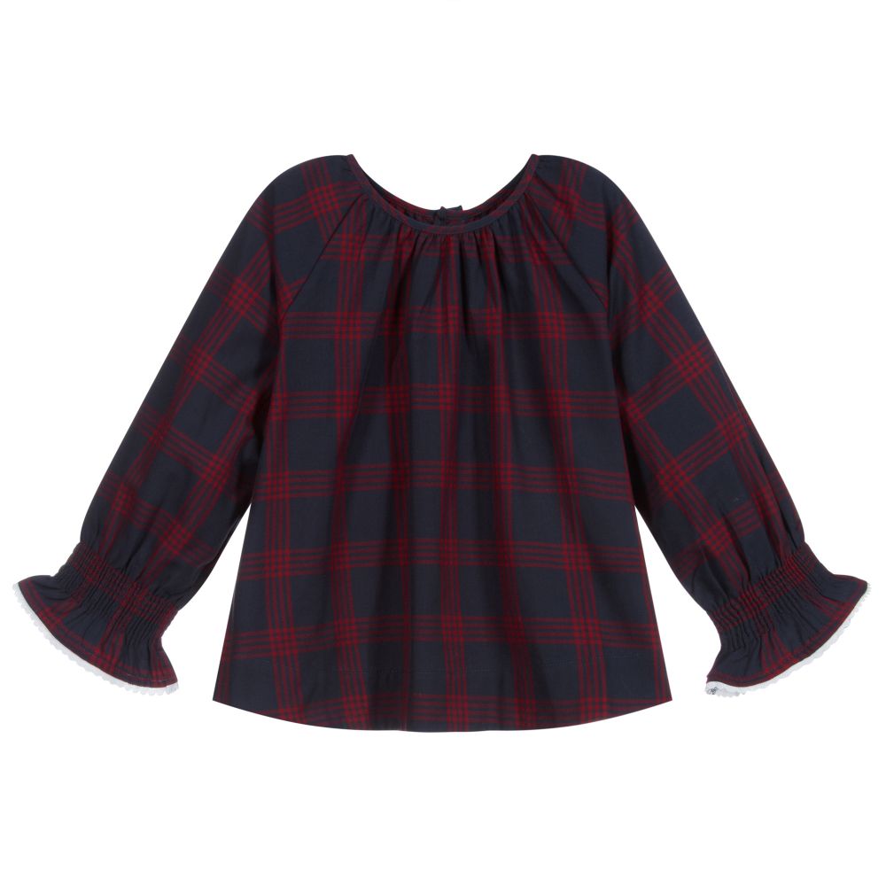 Laranjinha - Girls Blue & Red Check Blouse | Childrensalon