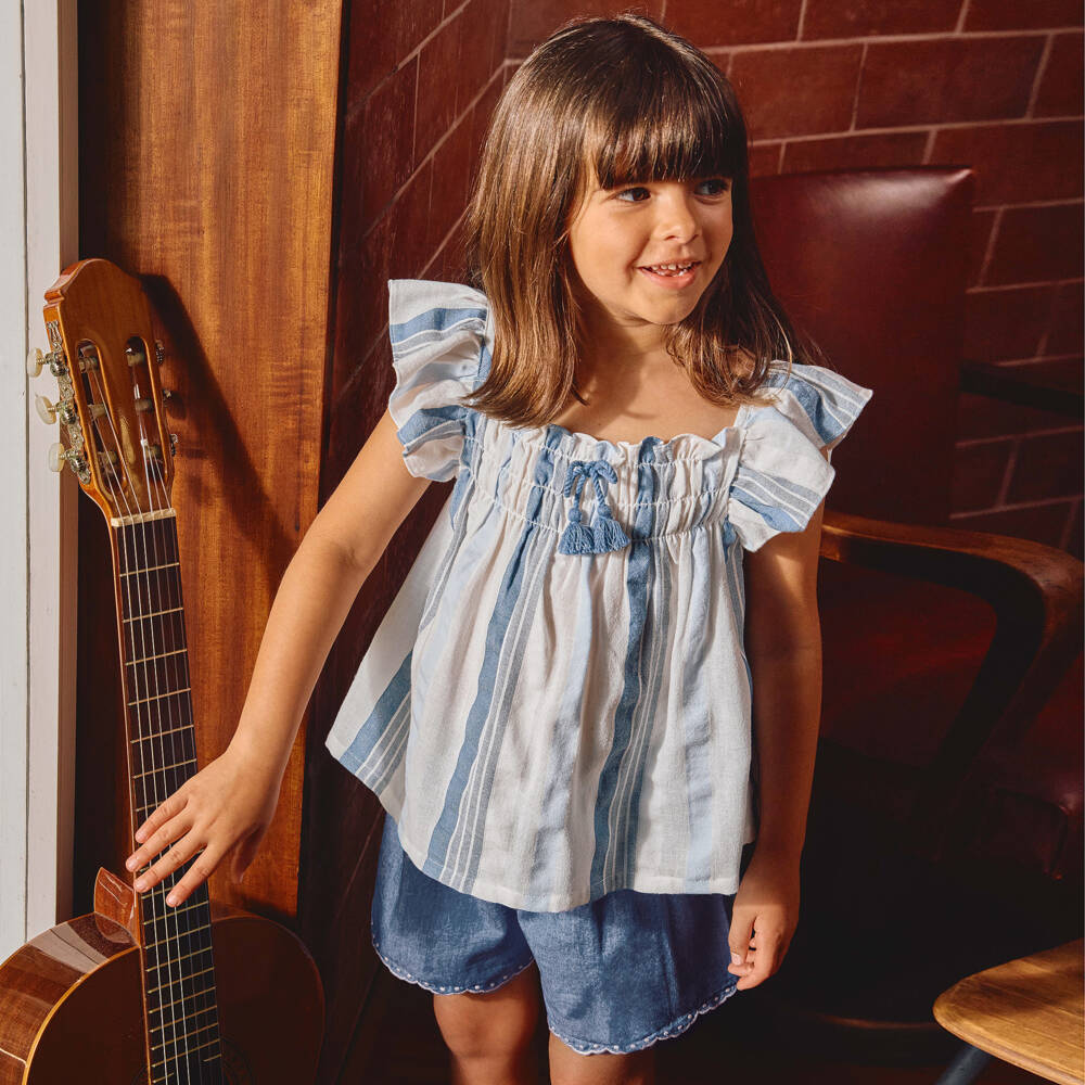 Laranjinha-Girls Blue Striped Cotton Top & Chambray Shorts Set | Childrensalon Outlet