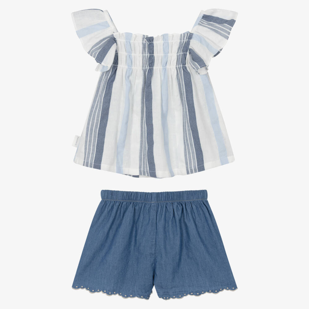 Laranjinha-Girls Blue Striped Cotton Top & Chambray Shorts Set | Childrensalon Outlet
