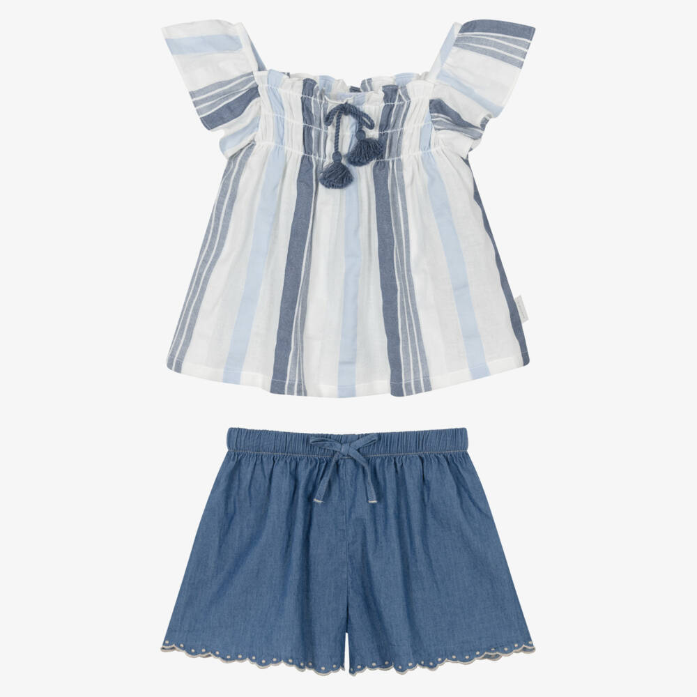 Laranjinha-Girls Blue Striped Cotton Top & Chambray Shorts Set | Childrensalon Outlet