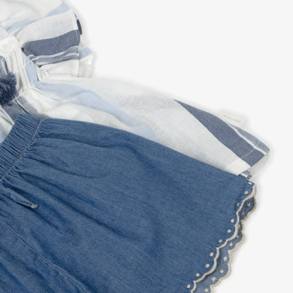 Laranjinha-Girls Blue Striped Cotton Top & Chambray Shorts Set | Childrensalon Outlet
