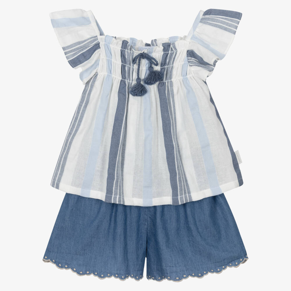 Laranjinha-Girls Blue Striped Cotton Top & Chambray Shorts Set | Childrensalon Outlet