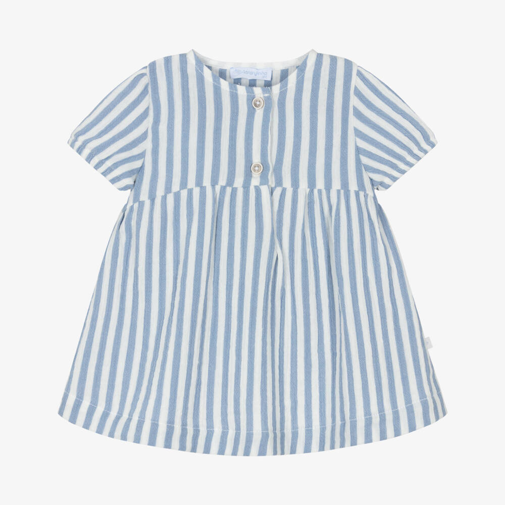 Laranjinha-Girls Blue & White Striped Cotton Cheesecloth Dress | Childrensalon Outlet