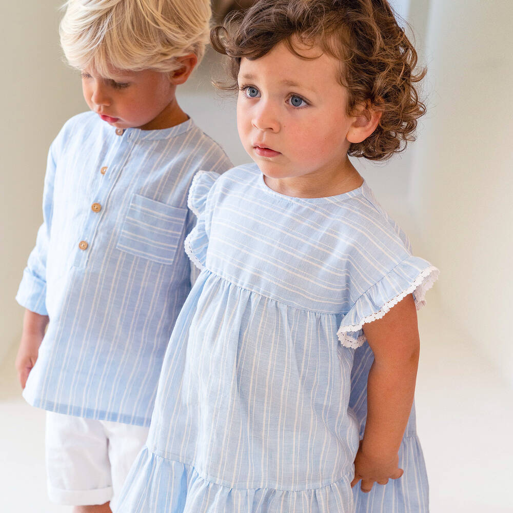 White dress with blue stripes on sale