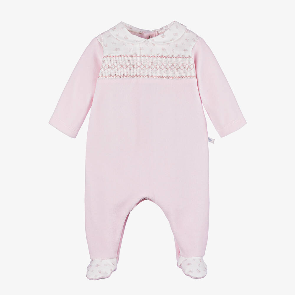 Laranjinha-Girls Blush Smocked Velvet Babygrow | Childrensalon Outlet