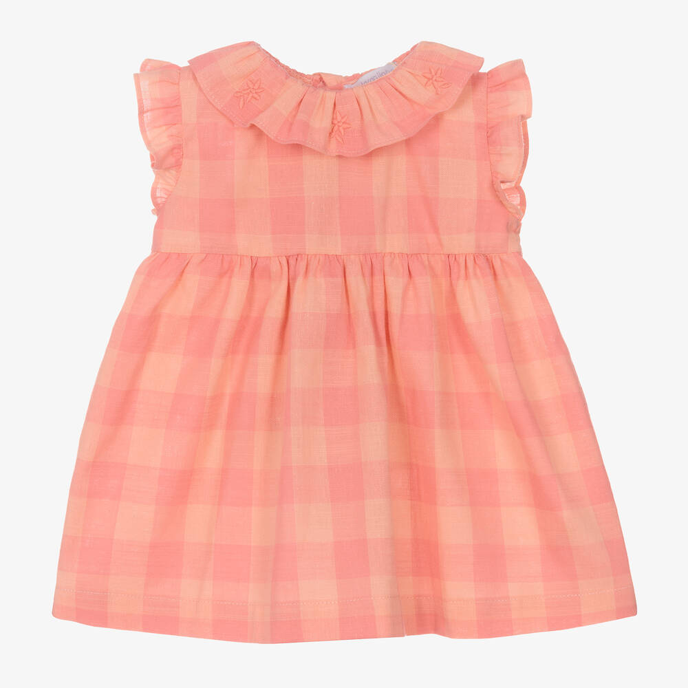 Laranjinha - Girls Coral Pink Checked Cotton Dress | Childrensalon