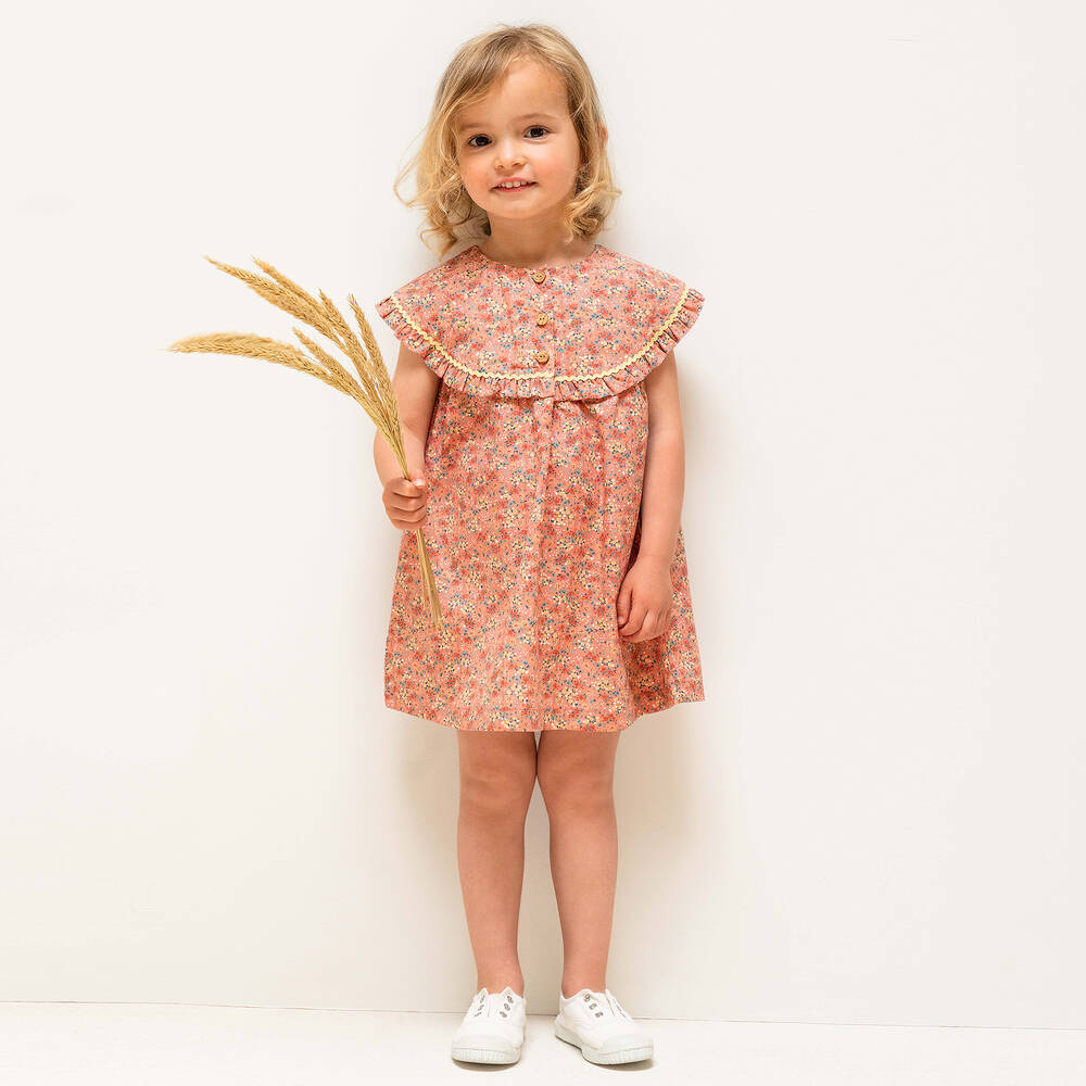 Laranjinha - Girls Coral Pink Floral Print Dress | Childrensalon Outlet