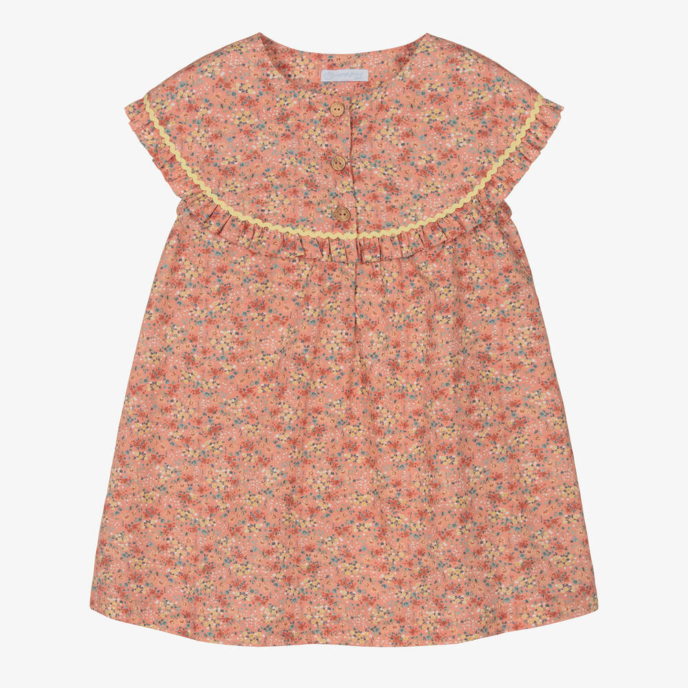 Laranjinha-Girls Coral Pink Floral Print Dress | Childrensalon Outlet