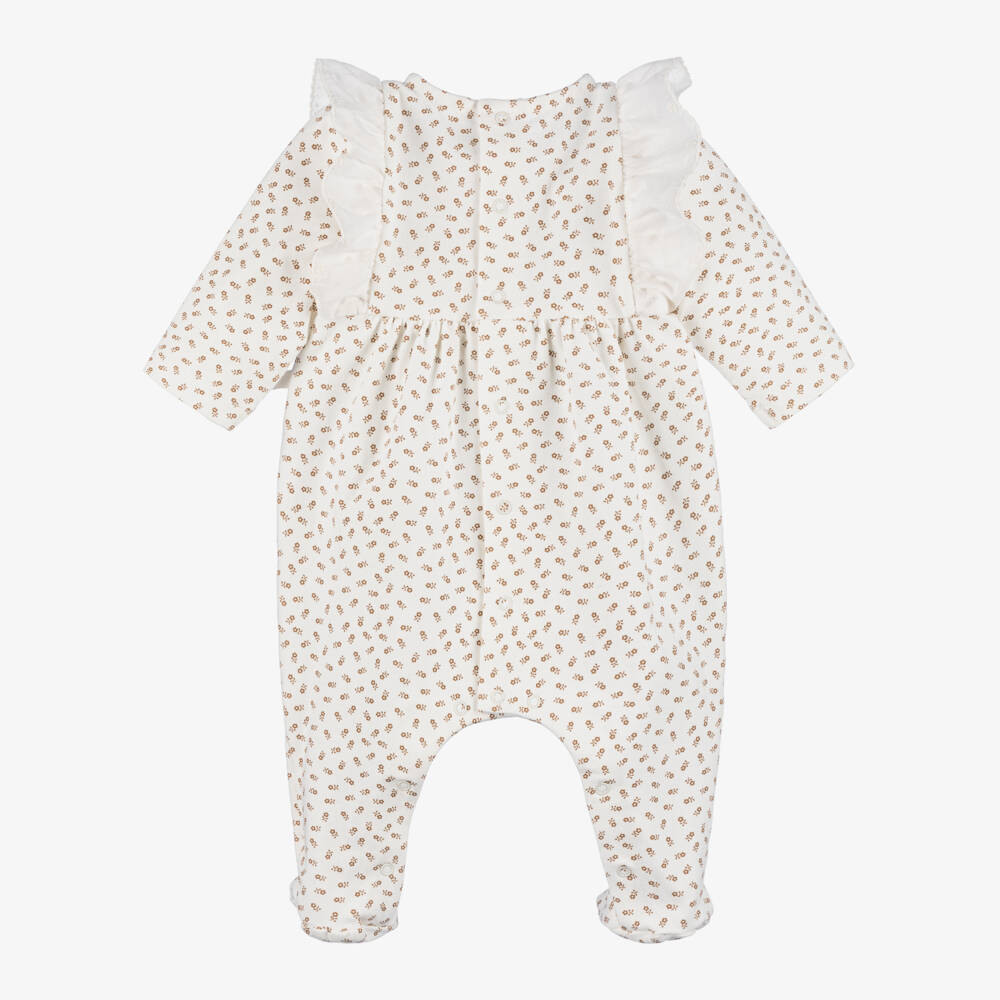 Laranjinha-Girls Cream Floral Cotton Sleepsuit | Childrensalon Outlet