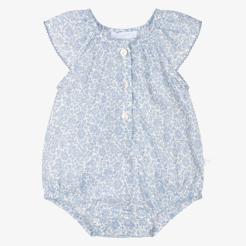 Laranjinha-Girls Floral Blue Cotton Romper | Childrensalon Outlet