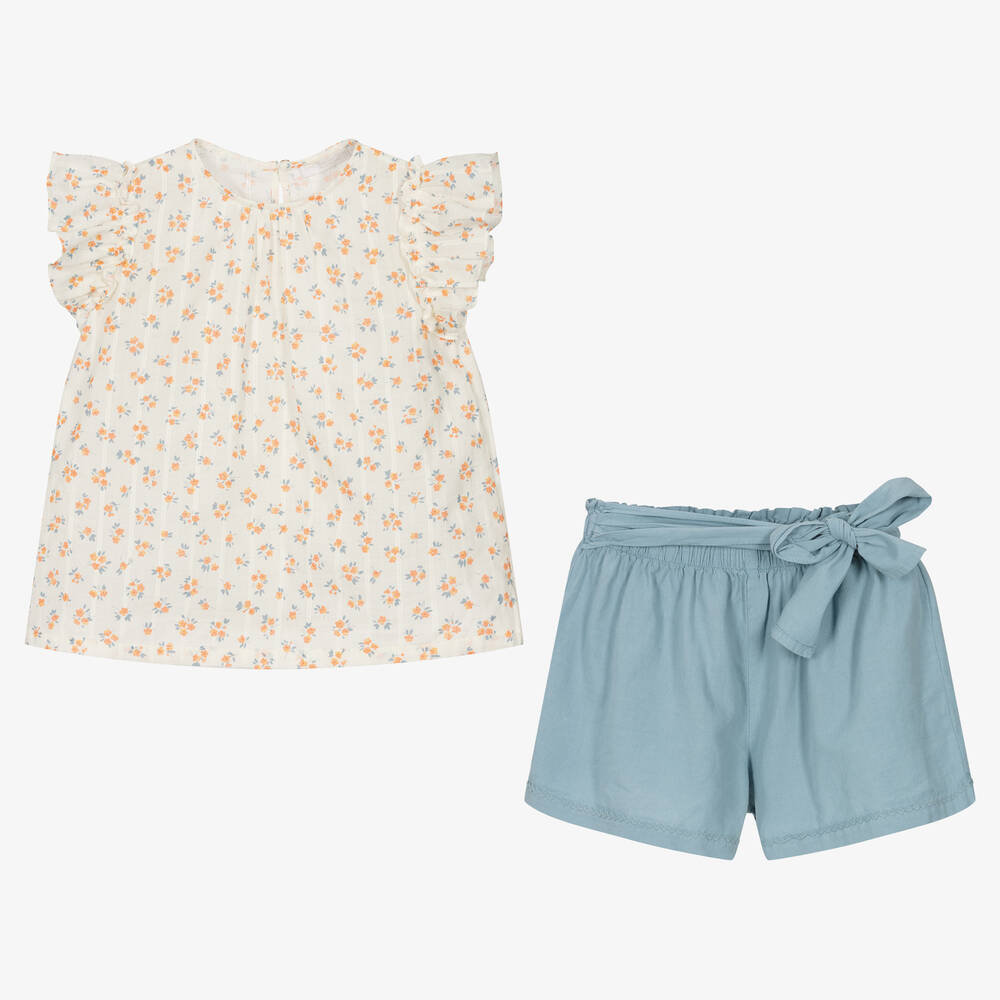 Laranjinha-Girls Floral Ivory & Blue Shorts Set | Childrensalon Outlet