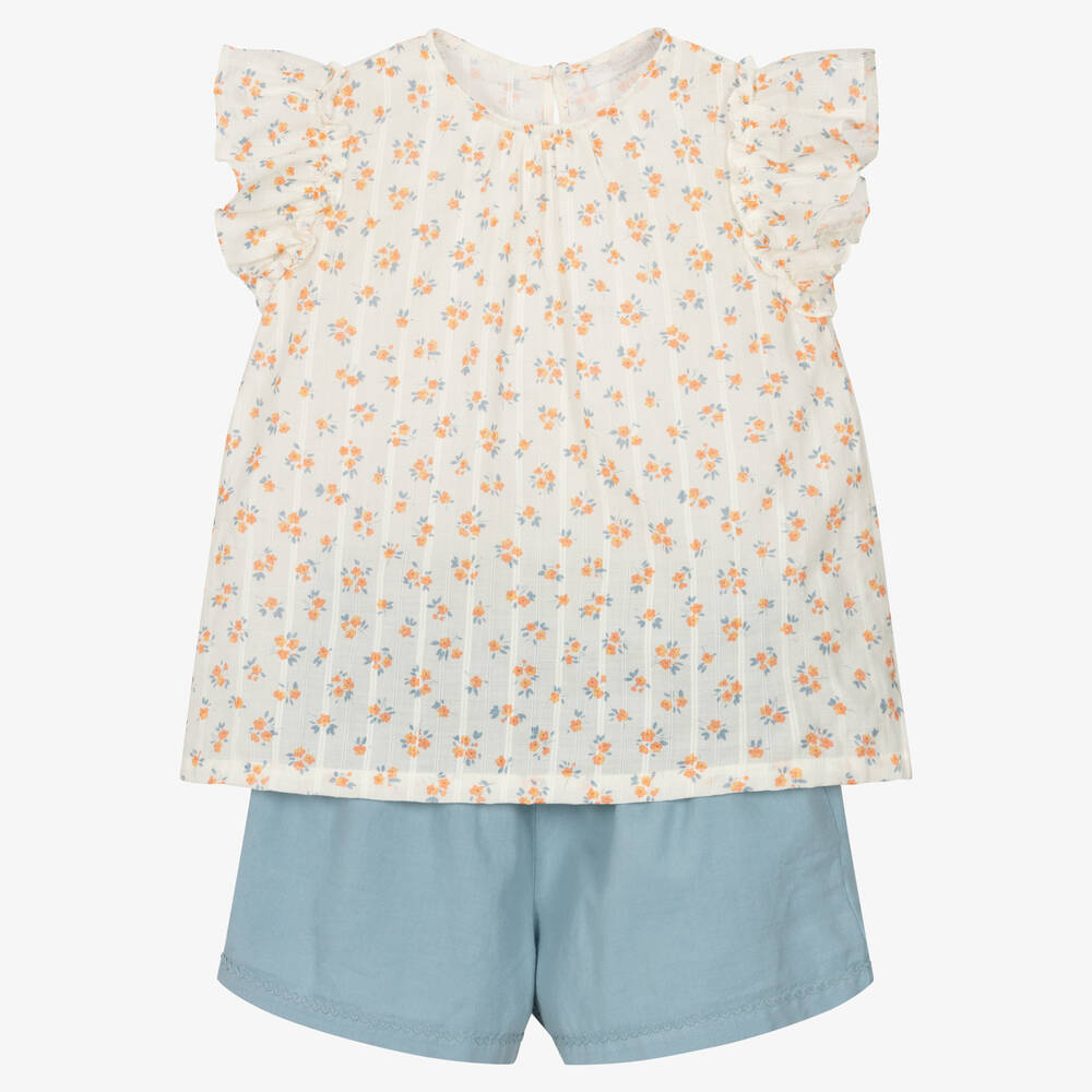 Laranjinha - Blumentop & Shorts Set elfenb./blau | Childrensalon