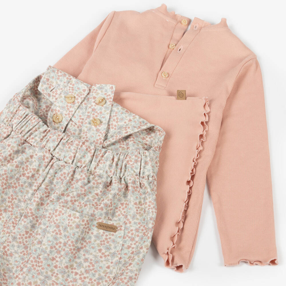 Laranjinha-Girls Floral Pink Dungaree Ensemble | Childrensalon Outlet