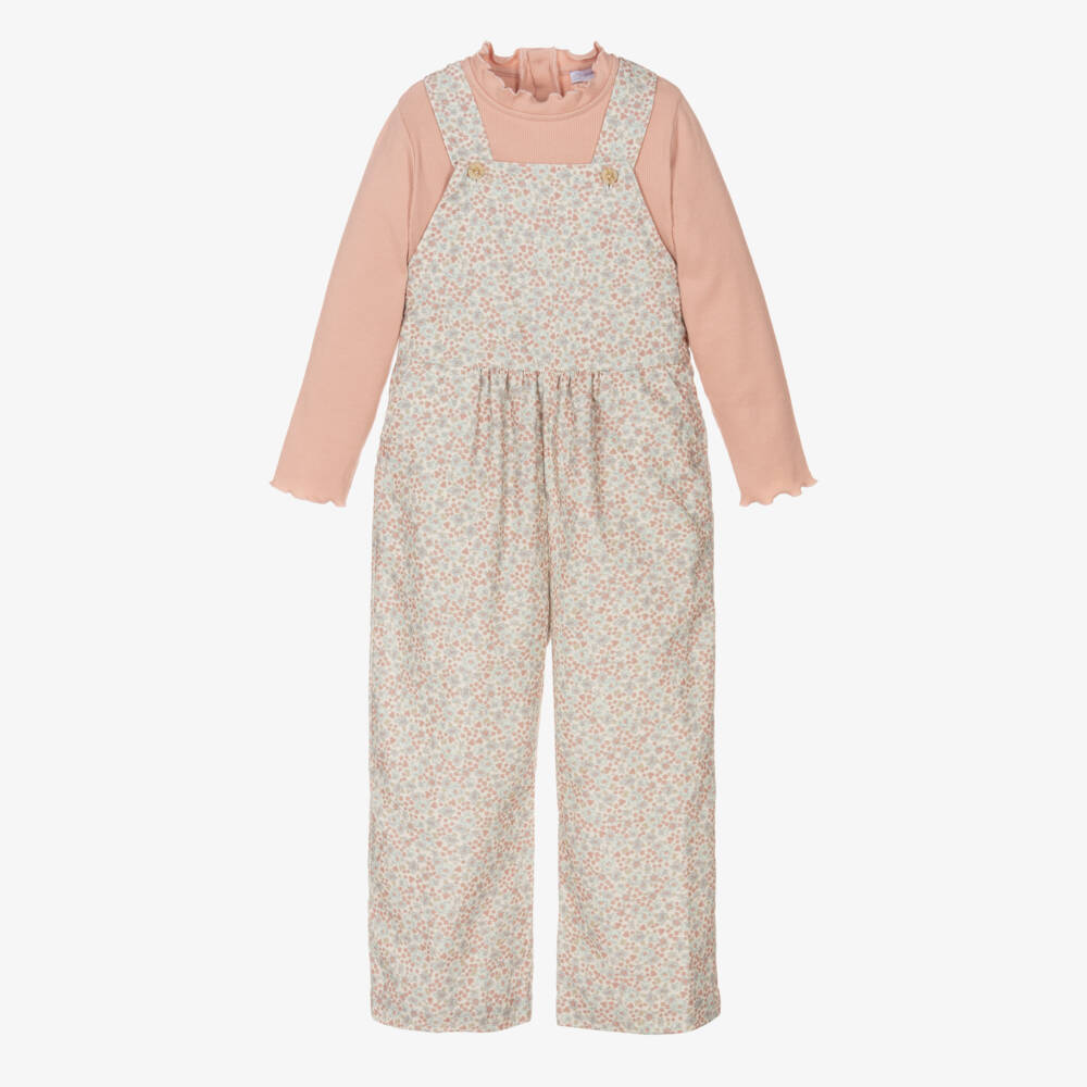 Laranjinha-Girls Floral Pink Dungaree Ensemble | Childrensalon Outlet