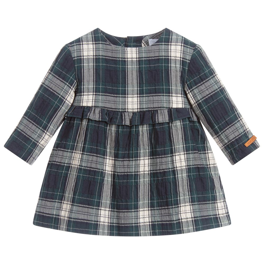 Laranjinha - Girls Green Check Cotton Dress | Childrensalon