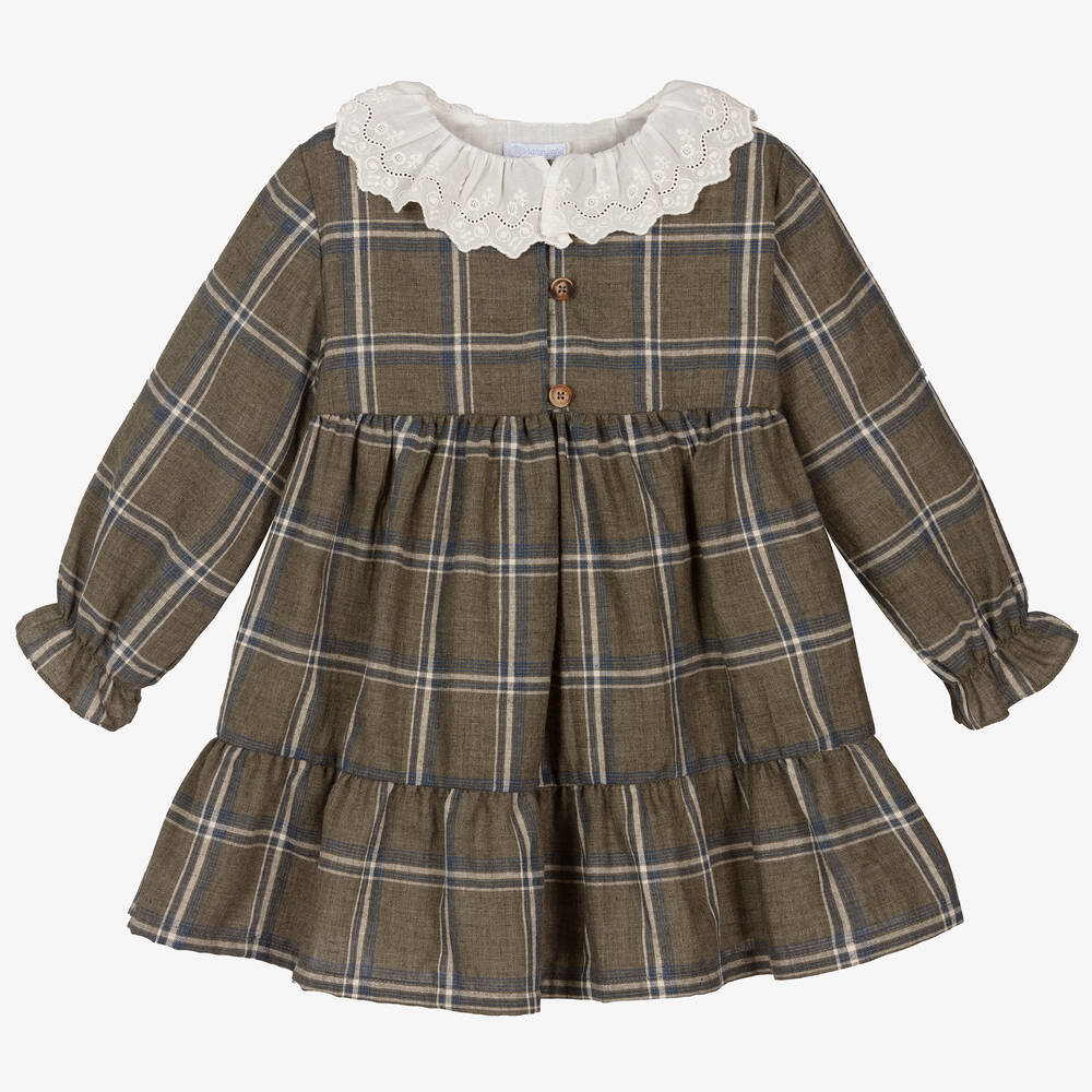 Laranjinha - Girls Green Cotton Check Dress | Childrensalon