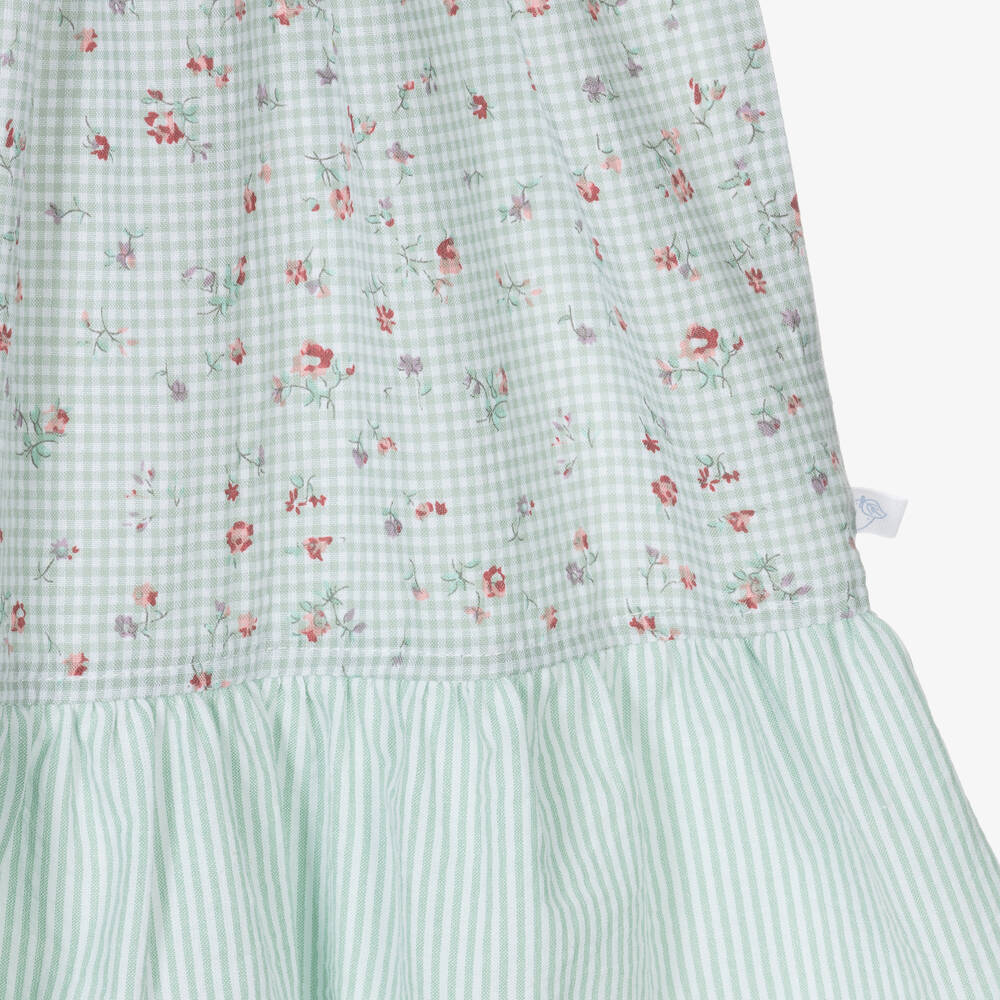 Laranjinha-Girls Green Floral Gingham Cotton Dress | Childrensalon Outlet