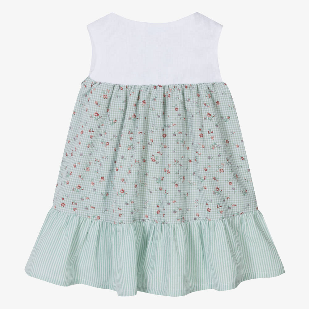 Laranjinha-Girls Green Floral Gingham Cotton Dress | Childrensalon Outlet