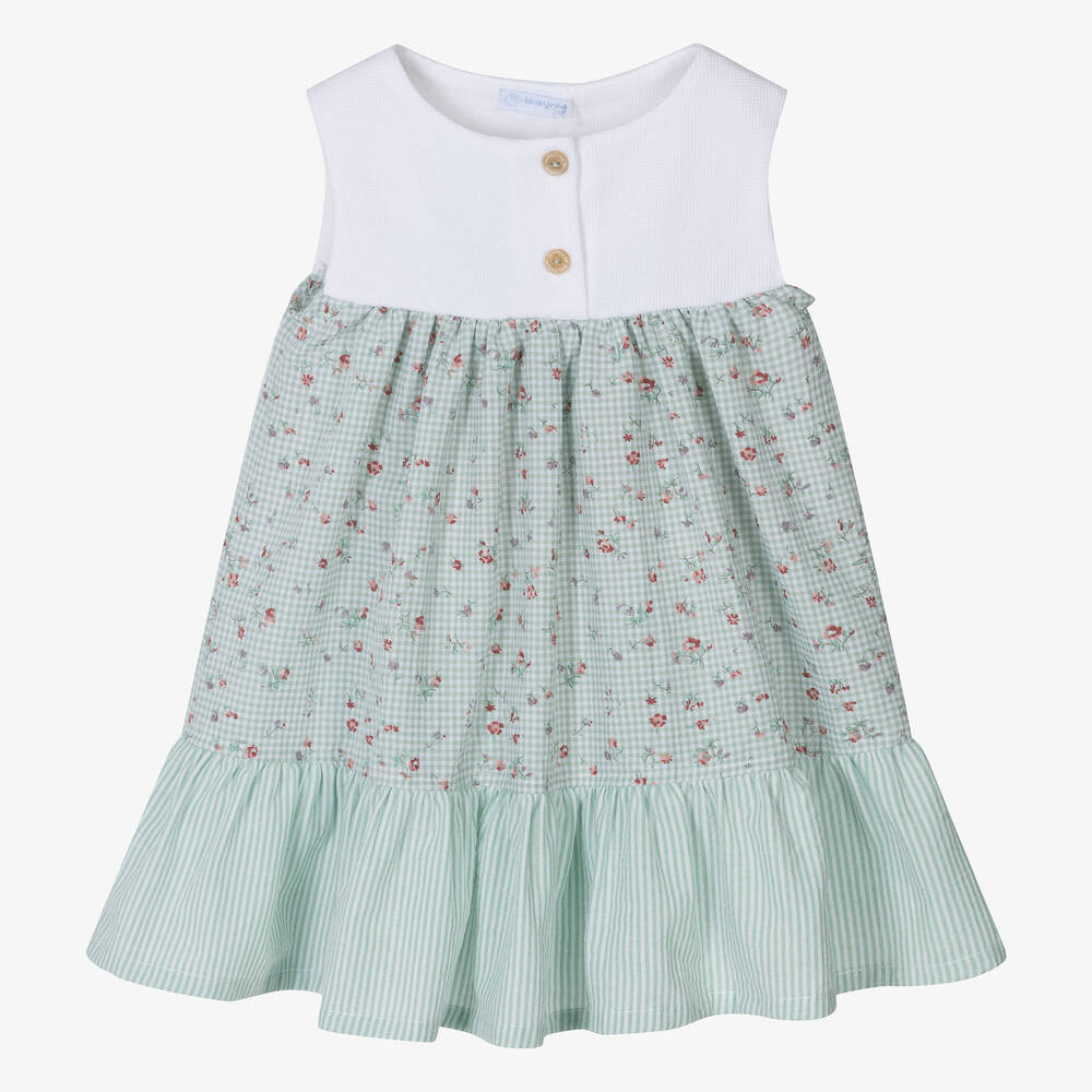 Laranjinha-Girls Green Floral Gingham Cotton Dress | Childrensalon Outlet