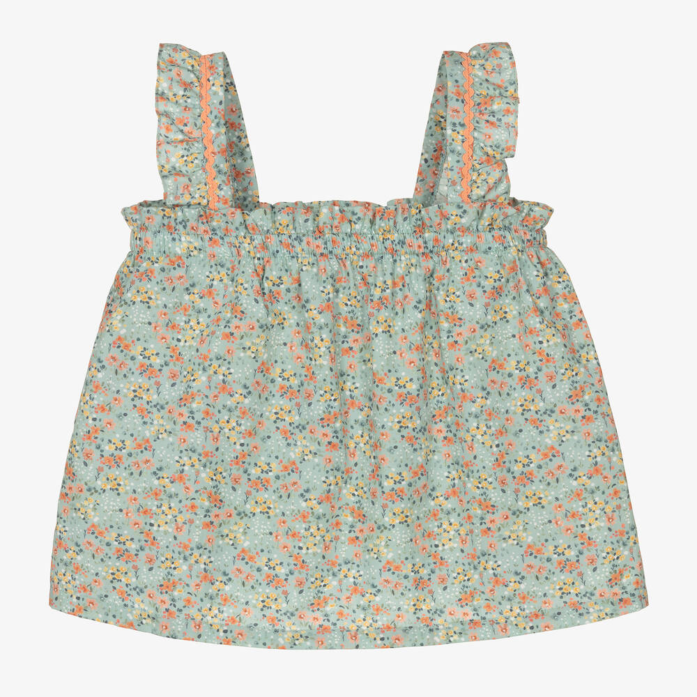 Laranjinha - Girls Green Floral Print Sleeveless Top | Childrensalon