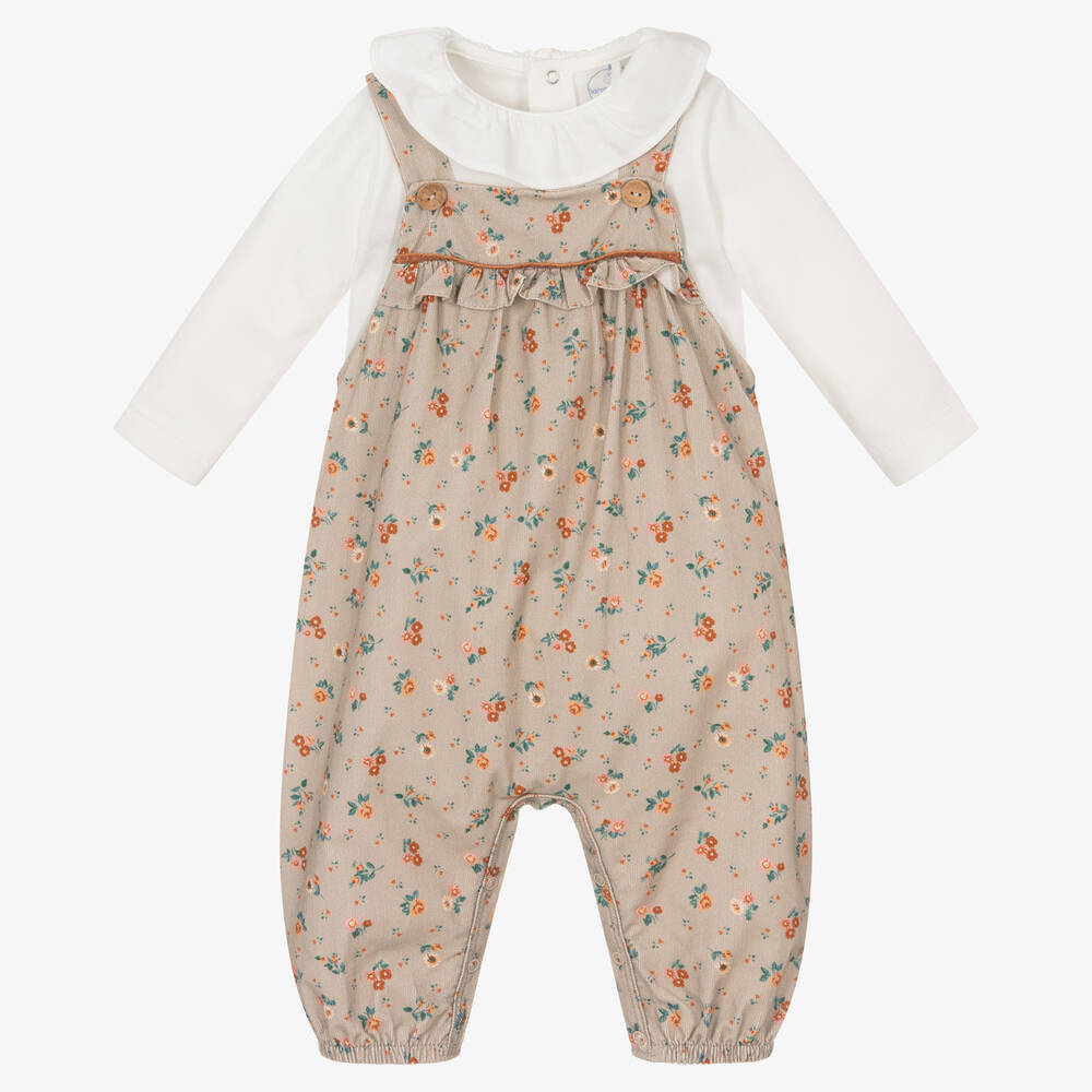 Laranjinha - Girls Ivory & Beige Cotton Dungaree Set | Childrensalon