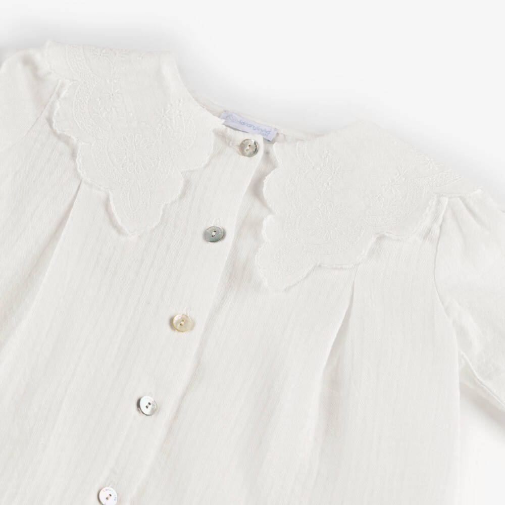 Laranjinha-Girls Ivory Cotton Blouse with Embroidered Collar | Childrensalon Outlet