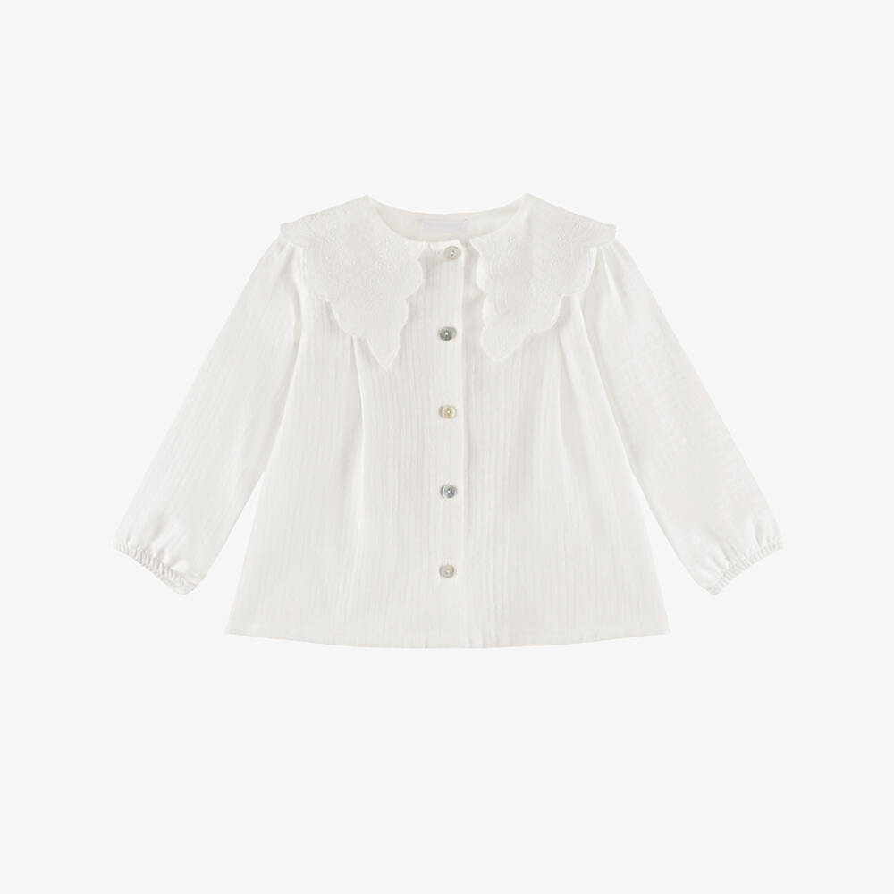 Laranjinha-Girls Ivory Cotton Blouse with Embroidered Collar | Childrensalon Outlet