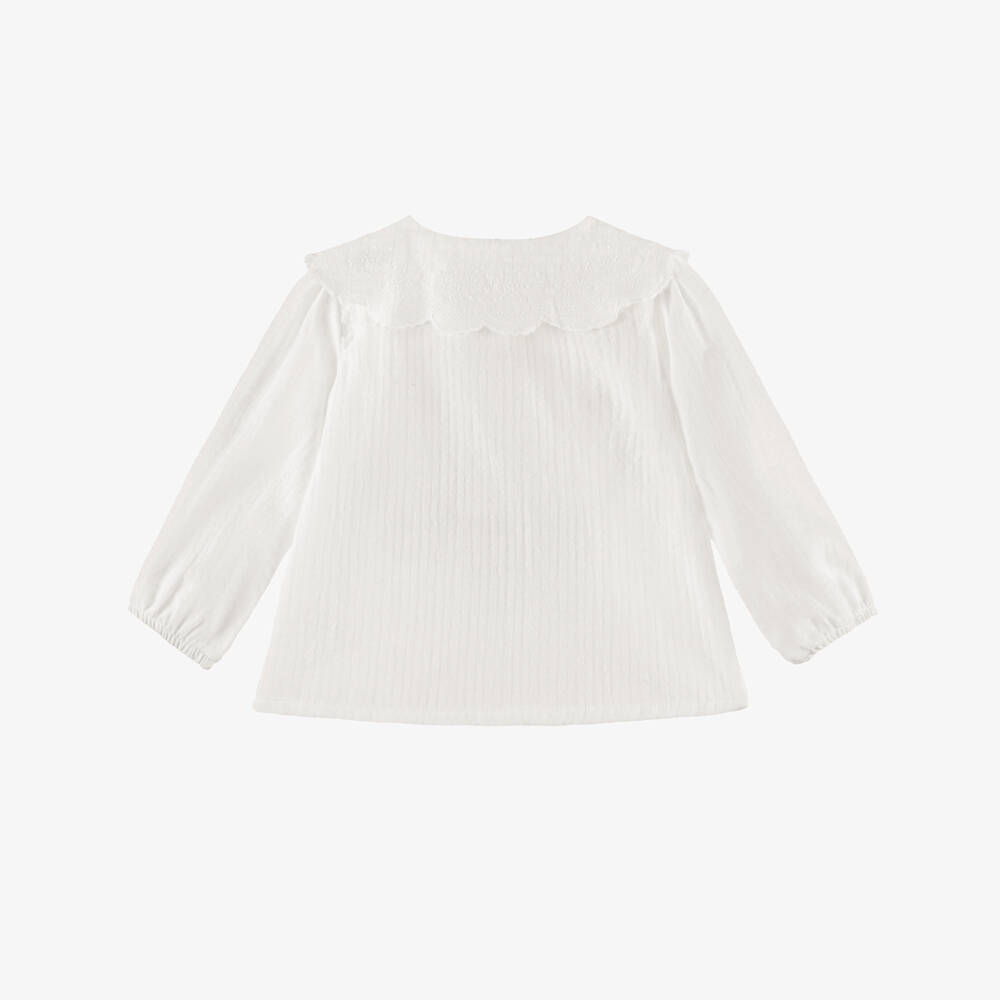 Laranjinha-Girls Ivory Cotton Blouse with Embroidered Collar | Childrensalon Outlet