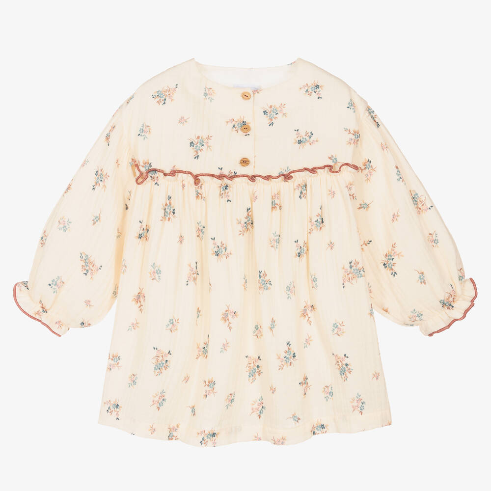 Laranjinha - Кремовое хлопковое платье в цветочек для девочек | Childrensalon