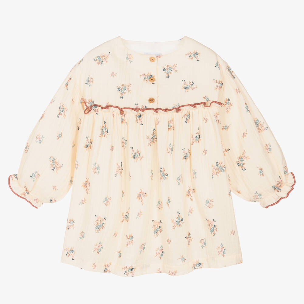 Laranjinha - Girls Ivory Cotton Floral Dress | Childrensalon