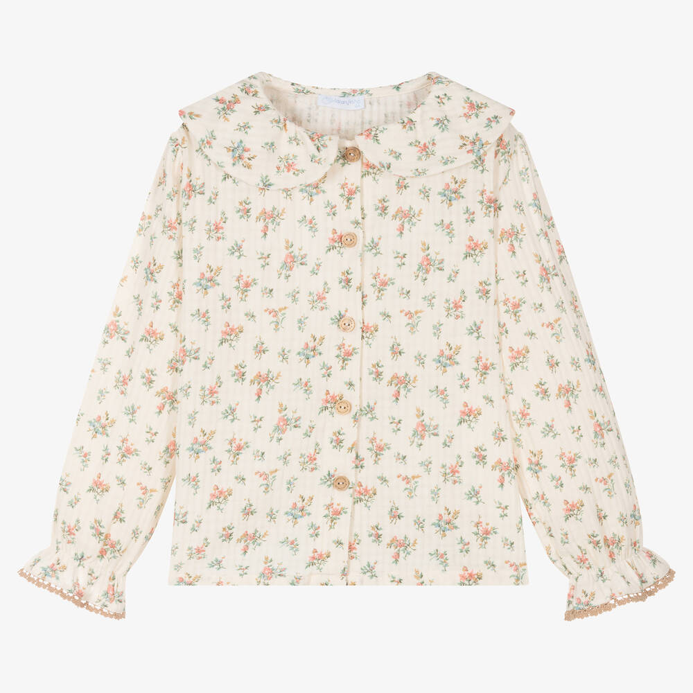 Laranjinha-Girls Ivory Cotton Floral Print Blouse | Childrensalon Outlet