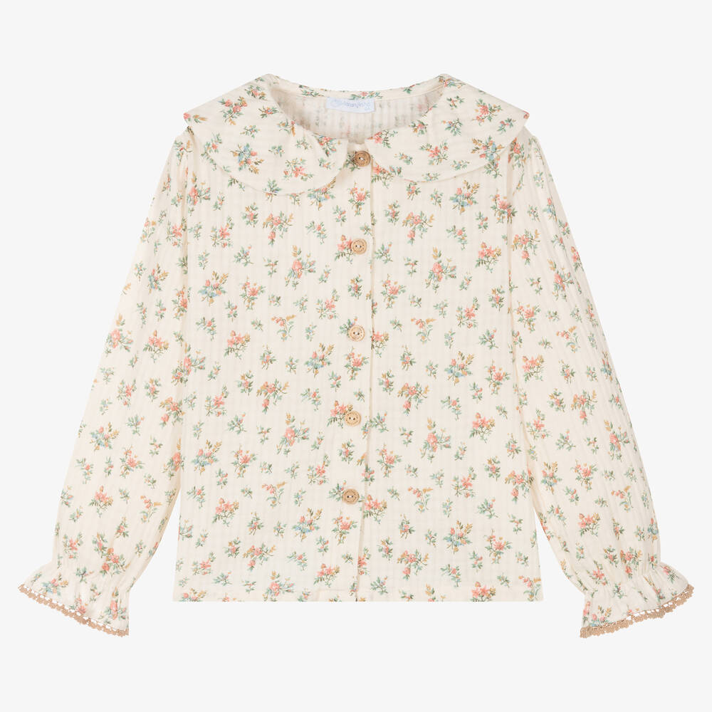 Laranjinha - Girls Ivory Cotton Floral Print Blouse | Childrensalon