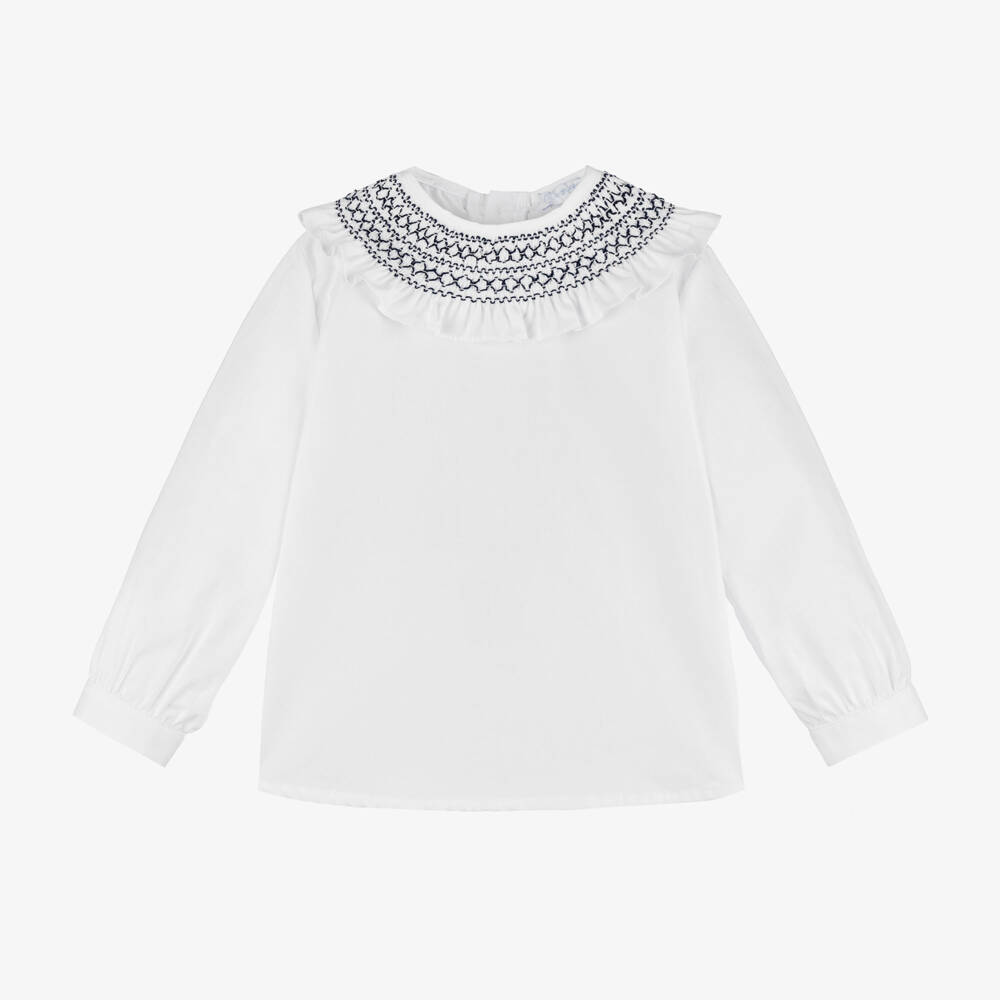 Laranjinha-Girls Ivory Cotton Ruffled Collar Top | Childrensalon Outlet