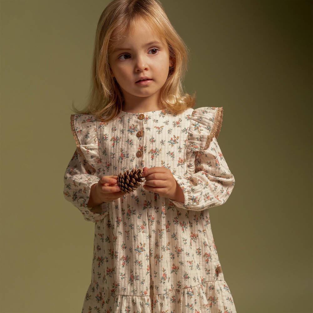 لارانجينا-فستان بطبعة ورود قطن لون عاجي | Childrensalon Outlet