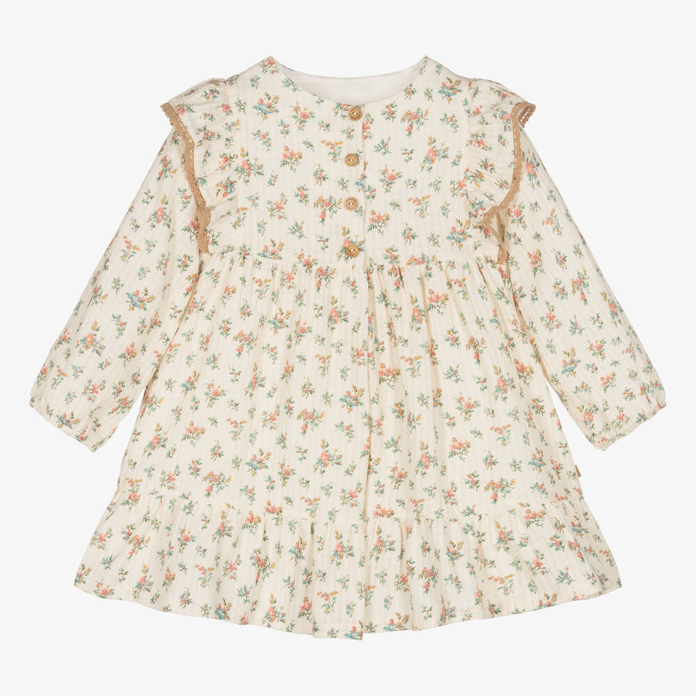 Laranjinha - Baumwoll-Blumenkleid Elfenbein | Childrensalon