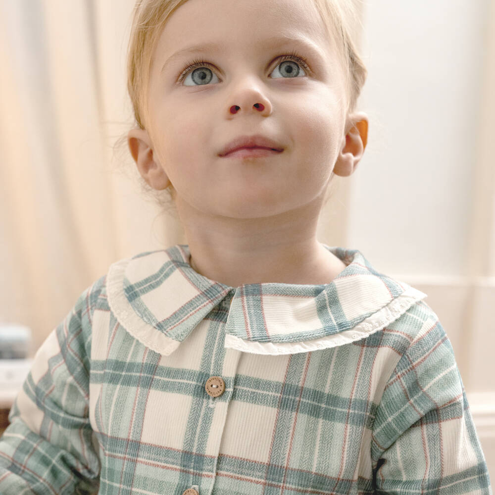 Laranjinha-Girls Ivory & Green Plaid Needlecord Dress | Childrensalon Outlet