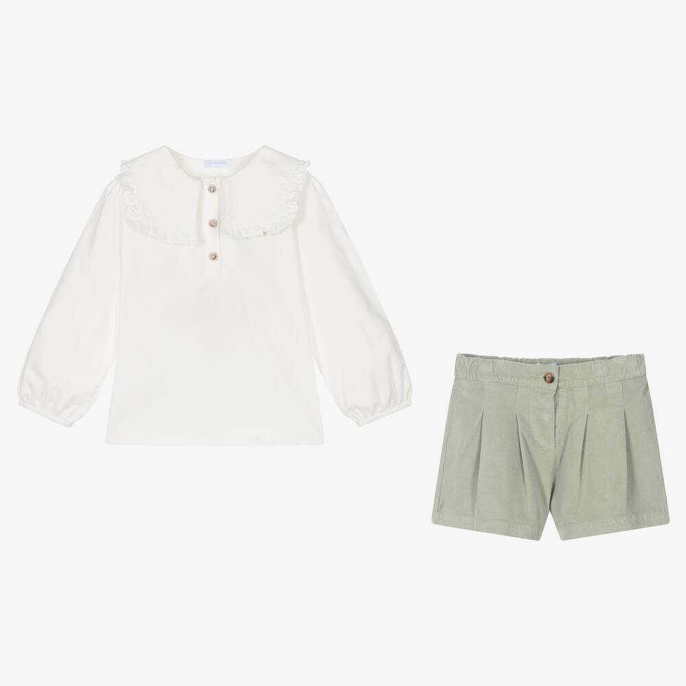 Chic by Laranjinha-Girls Ivory & Khaki Green Shorts Set | Childrensalon Outlet