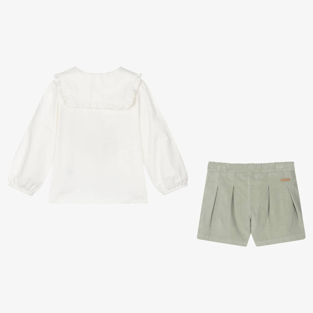 Chic by Laranjinha-Girls Ivory & Khaki Green Shorts Set | Childrensalon Outlet
