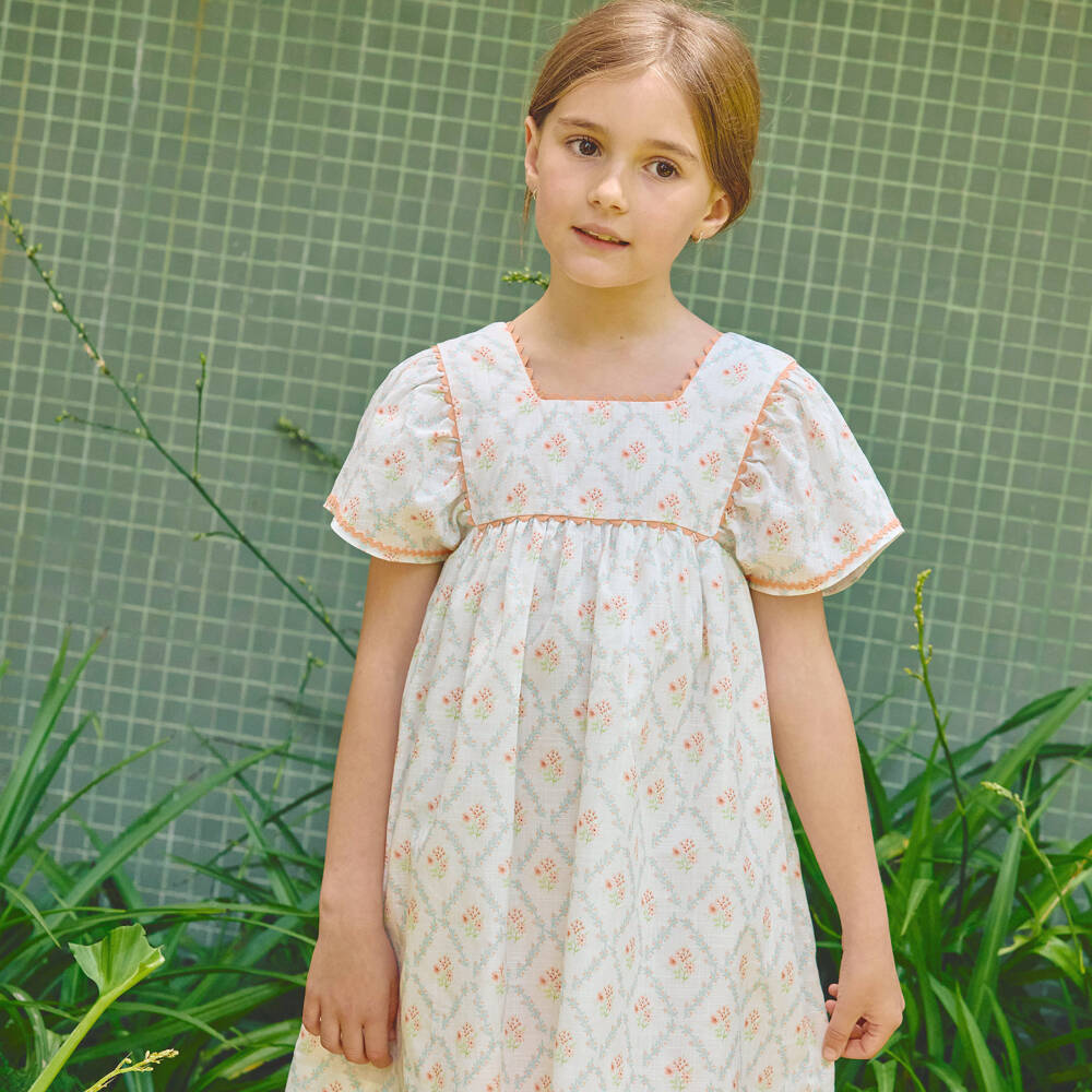 Laranjinha-Girls Ivory & Orange Floral Cotton Dress | Childrensalon Outlet