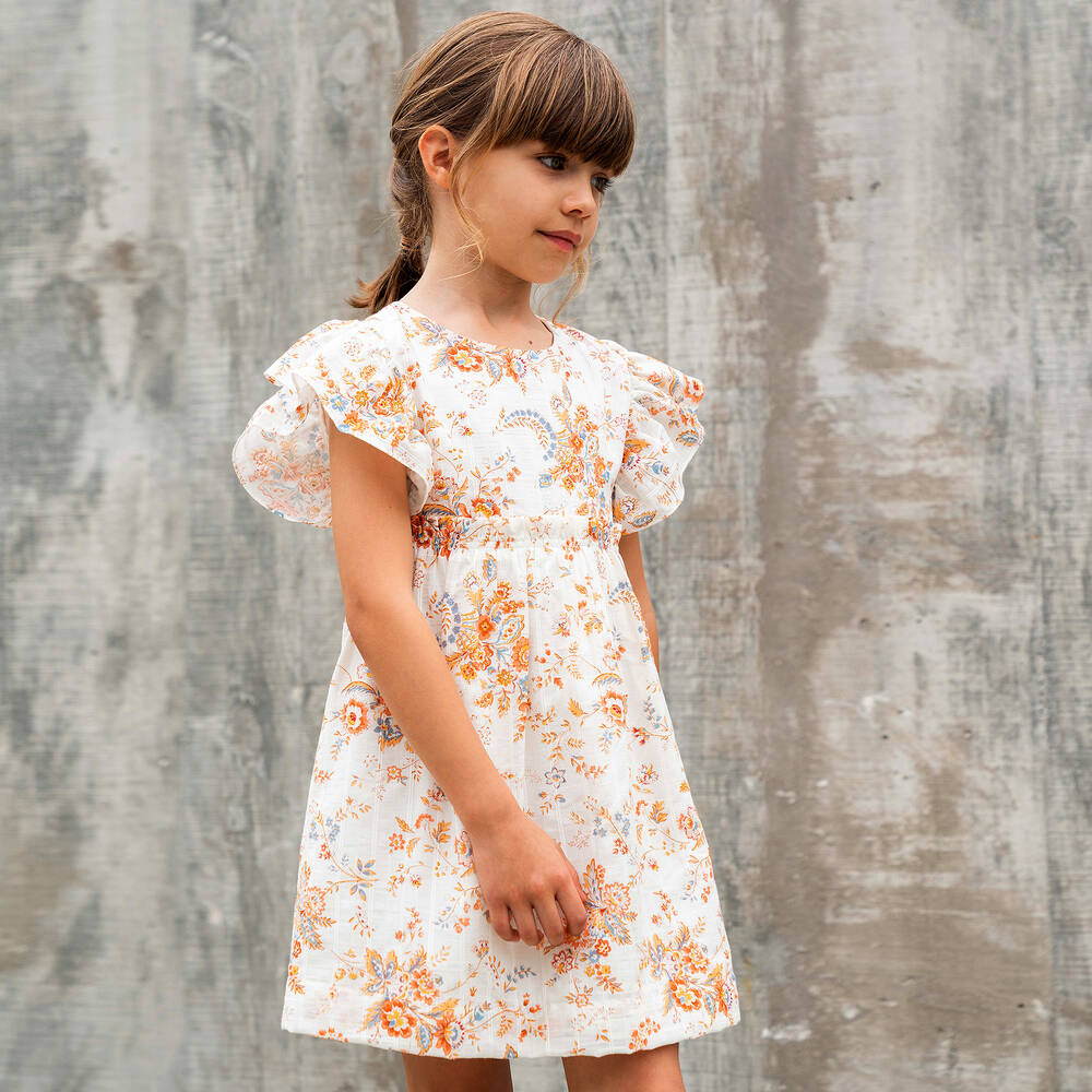 Laranjinha-فستان قطن لون عاجي وبرتقالي بطبعة ورود | Childrensalon Outlet