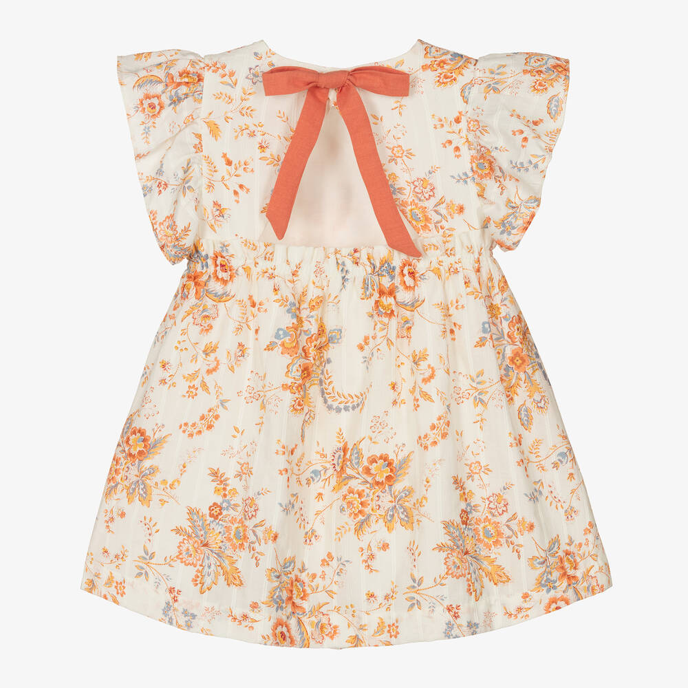 Laranjinha-فستان قطن لون عاجي وبرتقالي بطبعة ورود | Childrensalon Outlet