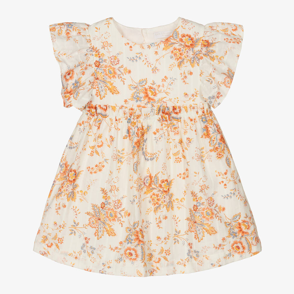 Laranjinha - Girls Ivory & Orange Floral Print Dress | Childrensalon