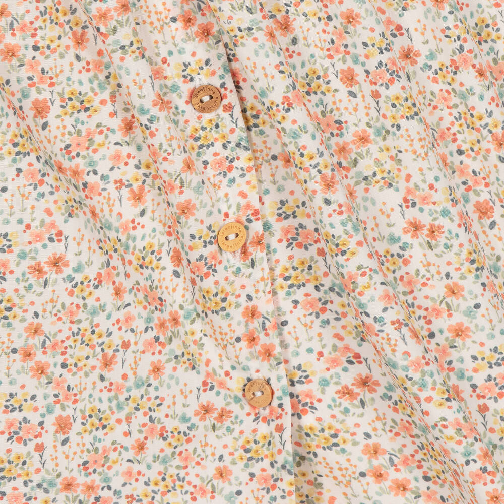Laranjinha-فستان قطن بوبلين لون عاجي وبرتقالي بطبعة ورود | Childrensalon Outlet