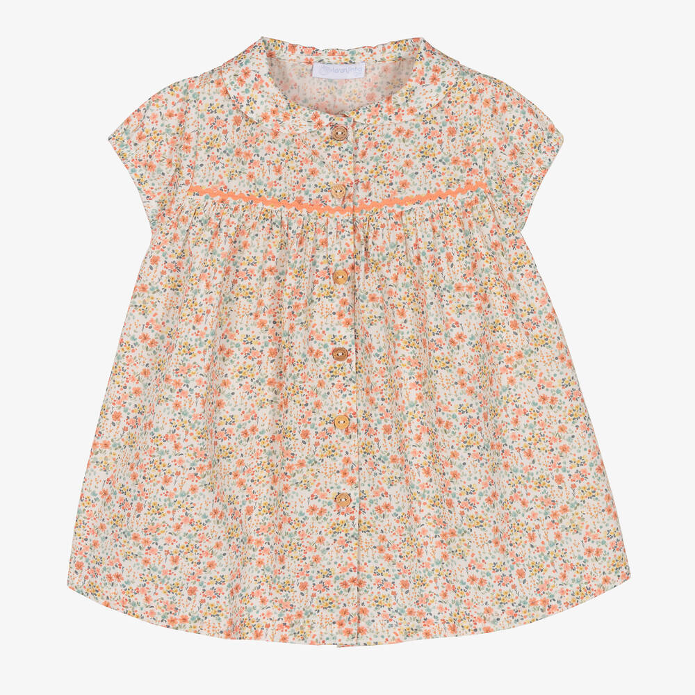 Laranjinha - Girls Ivory & Orange Floral Print Dress | Childrensalon