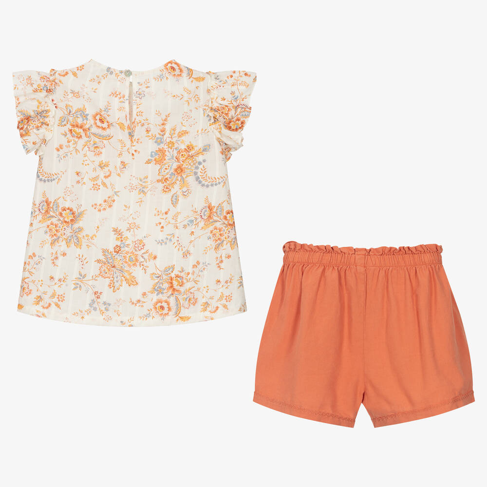 Laranjinha-Кремовый топ в цветочек и оранжевые шорты | Childrensalon Outlet
