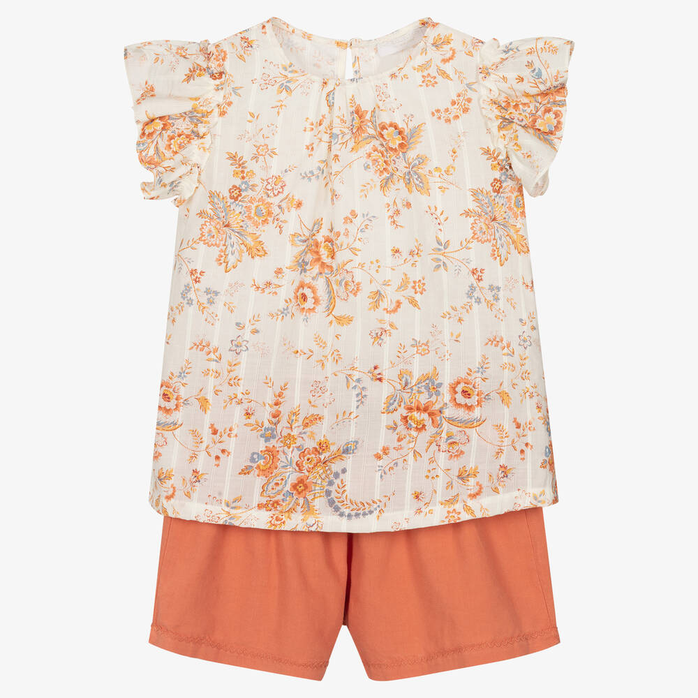 Laranjinha-Girls Ivory & Orange Floral Shorts Set | Childrensalon Outlet