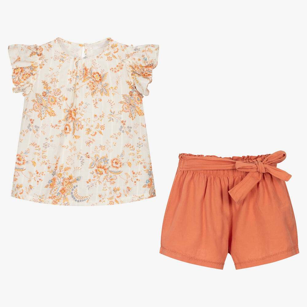 Laranjinha-Кремовый топ в цветочек и оранжевые шорты | Childrensalon Outlet
