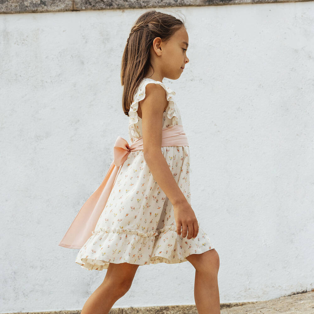 Laranjinha-فستان فيسكوز وكتان لون عاجي وزهري بطبعة ورود | Childrensalon Outlet